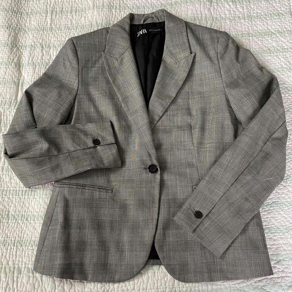 Zara Gray Plaid Single-Button Blazer